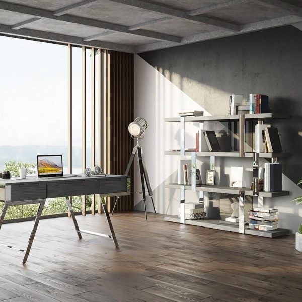 "63"" Gray and Chrome Rectangular Writing Desk With Three Drawers"